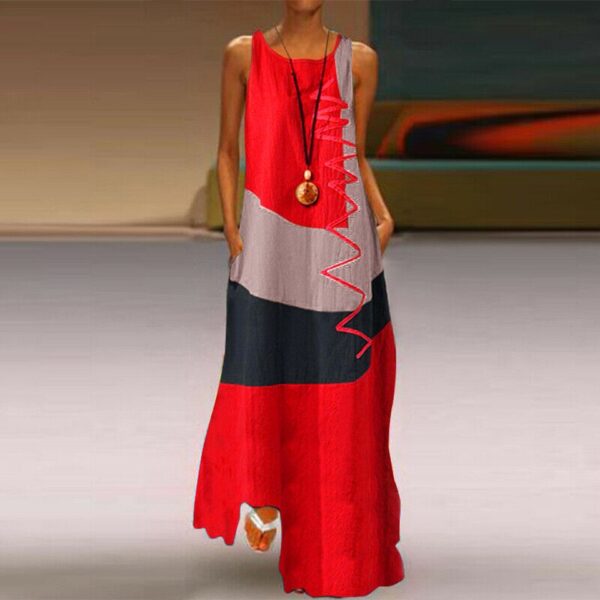 Vintage Patchwork Print Casual Maxi Sleeveless Long Dress - Image 7