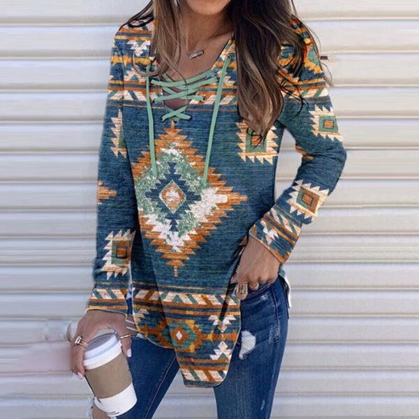 Western Print Lace-up Blouse - Image 5