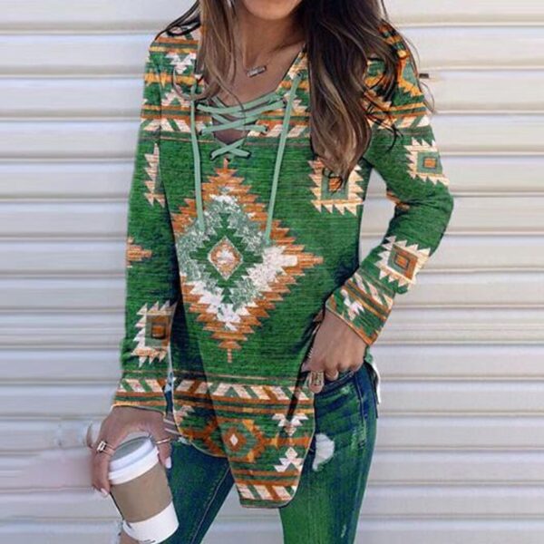 Western Print Lace-up Blouse - Image 4