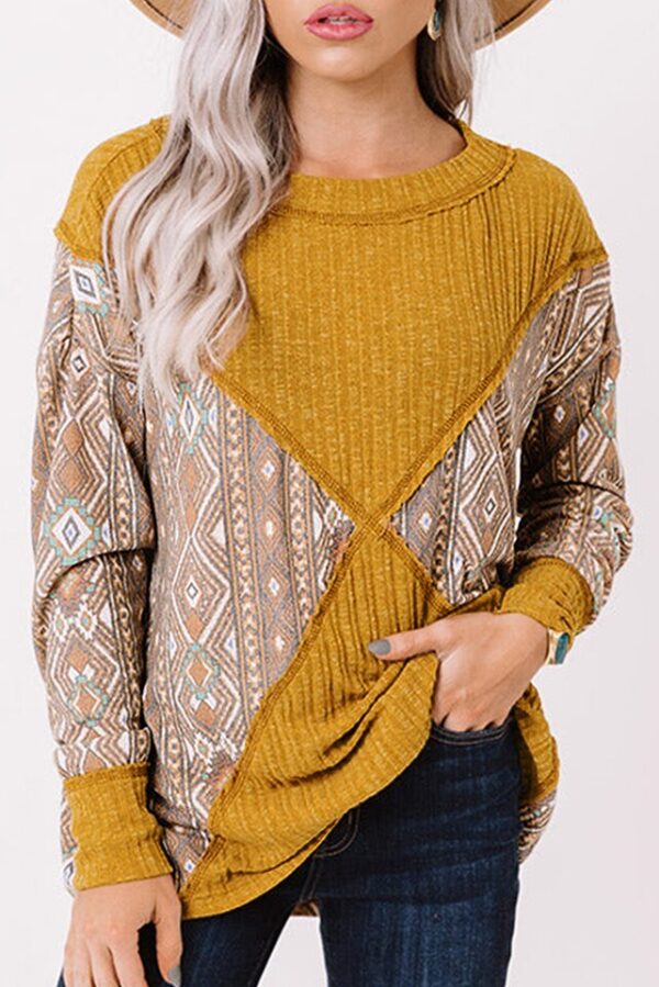 Orange Geometric Print Ribbed Knit Top