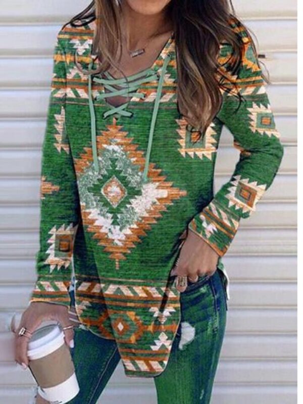 Western Print Lace-up Blouse - Image 3