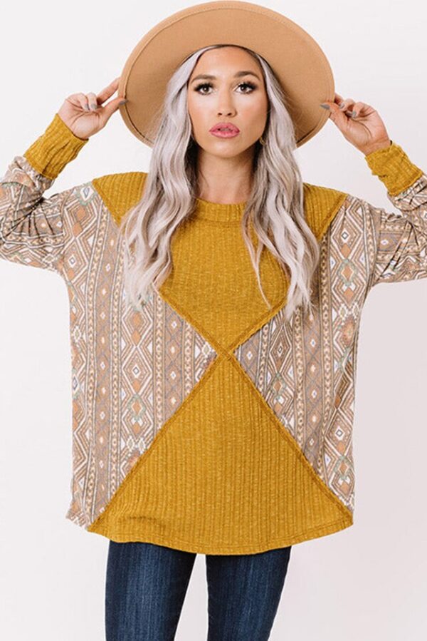 Orange Geometric Print Ribbed Knit Top - Image 2