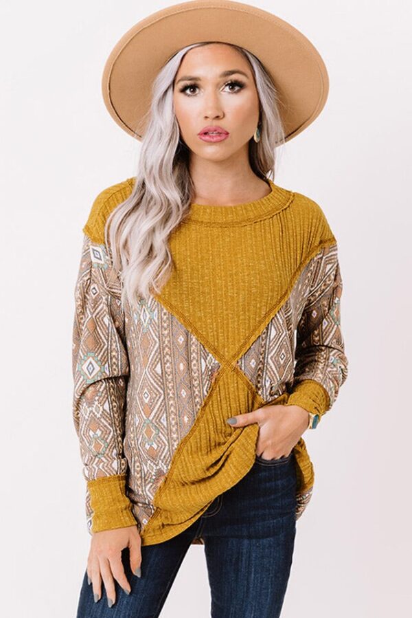 Orange Geometric Print Ribbed Knit Top - Image 7
