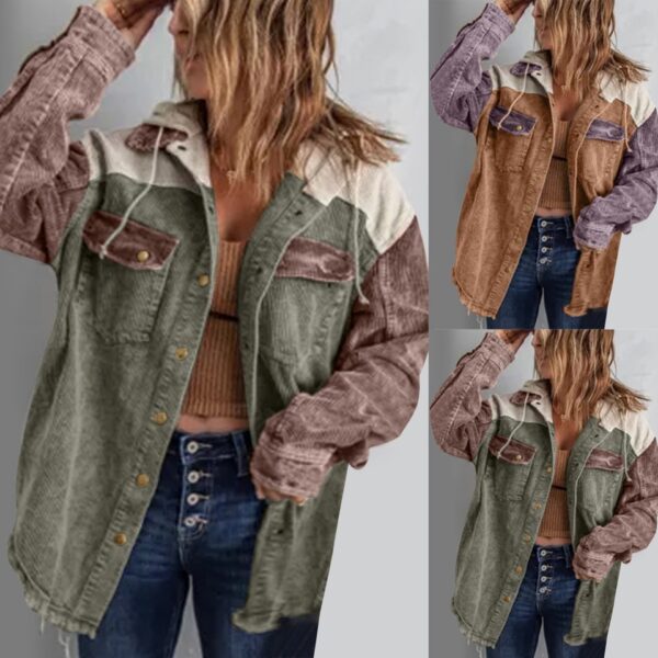 Women's Hooded Drawstring Long Sleeve Button Down