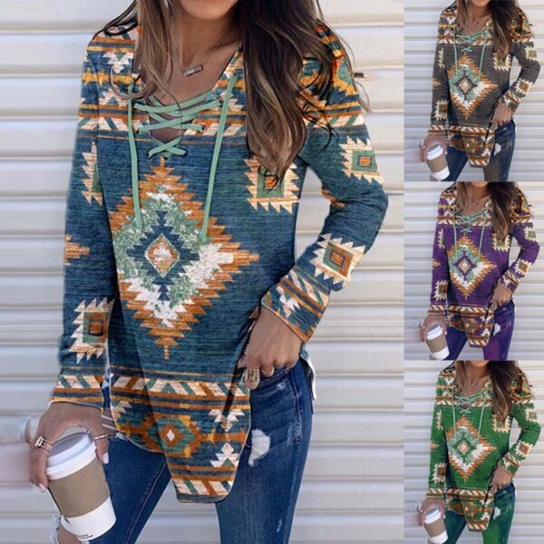 Western Print Lace-up Blouse